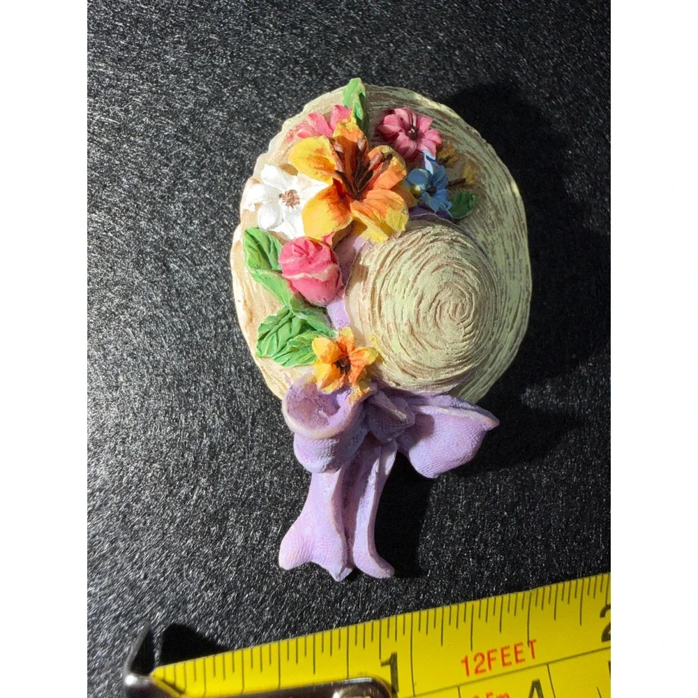 Floral Sun Hat Lapel Pin Brooch Small Beige Purple Bow Cottagecore Accessory